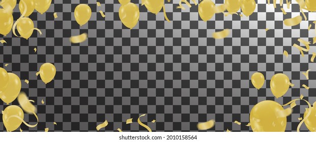 Gold balloons, Festive confetti and streamers on background. Vector illustration 