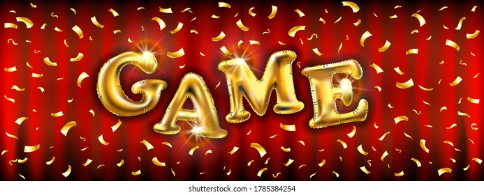 Gold balloons of games for store banners, advertising, shopping. Logo, logotype, sign, symbol. text, selling, web banner header. price, eps vector gold flying balloons and confetti art