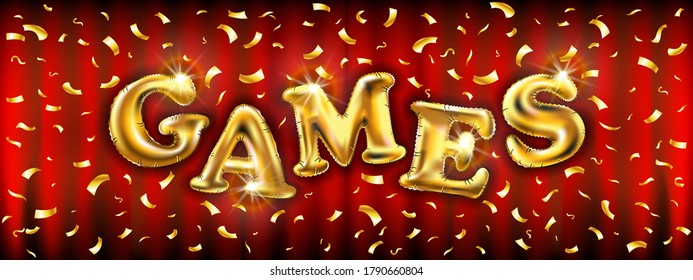 Gold balloons of games for store banners, advertising, shopping. Logo, logotype, sign, symbol. text, selling, web banner header. price, eps vector gold flying balloons and confetti art