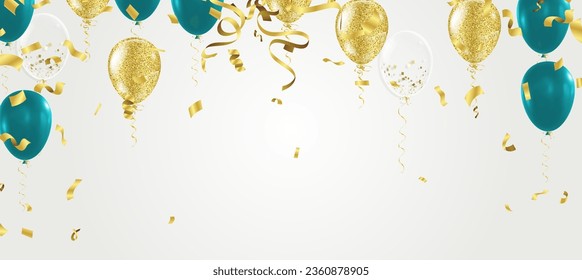 Gold balloons, and green confetti and streamers on white background. Vector illustration.