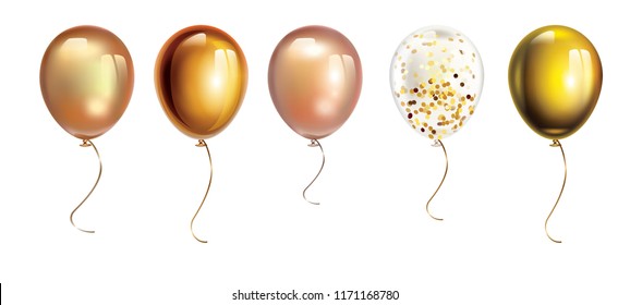 Gold balloons isolated on white. Transparent ballon with gold confetti.  Inflatable air flying balloon realistic 3D vector illustration. 