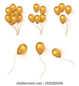 Gold Balloons isolated on white background. Vector realistic helium golden birthday bunch of ballons