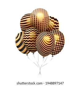 Gold balloons isolated on white background. Celebration holiday decoration clip art. Birthday party carnival background. Surprise golden balloons flying and shiny. Vector illustration Eps 10.