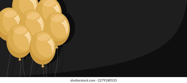 Globos dorados sobre fondo negro con espacio para copiar. Cartel festivo. Ilustración vectorial plana