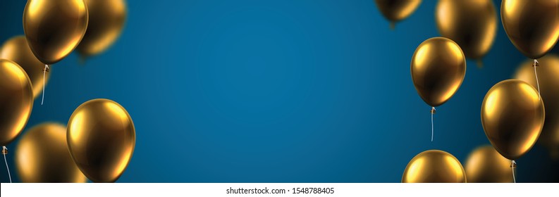 Gold Balloons On Blue Horizontal Banner. Vector Illustration.