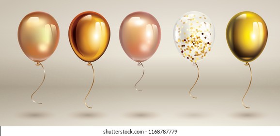 Gold balloons set. Birthday balloon set.  Inflatable air flying balloon realistic 3D vector illustration. 