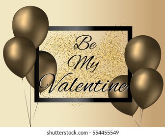 Gold balloons Valentine's Day invitation with black glass frame and gold glitter texture on gold background. Vector illustration.