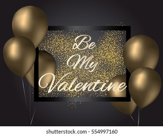 Gold balloons Valentine's Day invitation with black glass frame and gold glitter texture on dark background. Vector illustration.