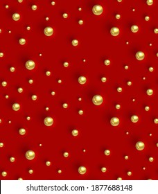Gold balls on red background. Geometric Seamless Pattern. Texture with golden round spheres. Design Template for packaging, cards, holiday decoration, textile, wallpaper, interior. Vector illustration