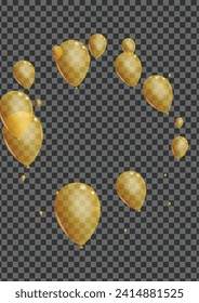 Gold Baloon Background Transparent Vector. Helium Fest Border. Golden Glossy Confetti. Air Symbol Banner.