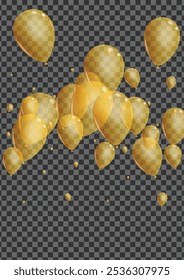 Gold Baloon Background Transparent Vector. Confetti Anniversary Set. Golden Creative Ballon. Air Shine Design.