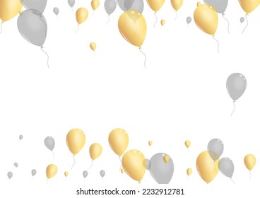 Gold Baloon Background White Vector. Surprise Celebration Card. Yellow Anniversary Helium. Confetti Fly Banner.