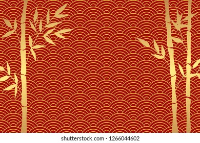 Gold bamboo on a red background with waves. Background in asian style.