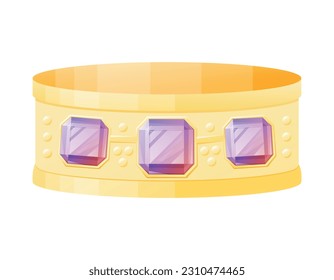 Gold bangle with realistic glowing purple gemstones. Vector isolated cartoon female jewelry bracelet.