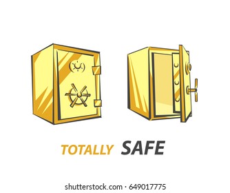 Gold bank safe, opened and closed, vector illustration in cartoon style, three-quarter view