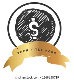 Gold Banner and Black Dollar Money Coin. Vector Illustration for Graphic Design, Outline, Background, Logo, T-shirt and More.