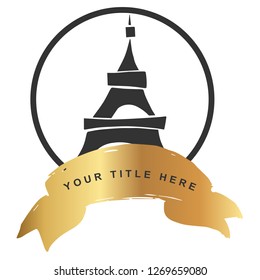 Gold Banner and Black Paris Eiffel Tower. Vector Illustration for Graphic Design, Outline, Background, Logo, T-shirt and More.
