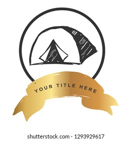 Gold Banner and Camping Tent. Vector Illustration for Graphic Design, Outline, Background, Logo, T-shirt and More.