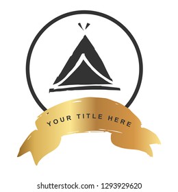 Gold Banner and Camping Tent. Vector Illustration for Graphic Design, Outline, Background, Logo, T-shirt and More.