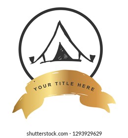 Gold Banner and Camping Tent. Vector Illustration for Graphic Design, Outline, Background, Logo, T-shirt and More.