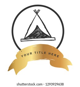 Gold Banner and Camping Tent. Vector Illustration for Graphic Design, Outline, Background, Logo, T-shirt and More.