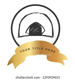 Gold Banner and Camping Tent. Vector Illustration for Graphic Design, Outline, Background, Logo, T-shirt and More.