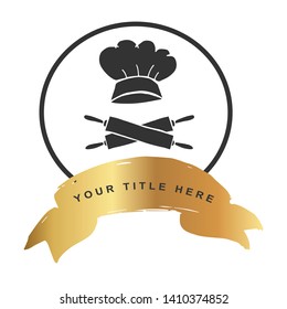 Gold Banner and Chef Hat With Rolling Pin Icon. Vector Illustration for Graphic Design, Outline, Background, Logo, T-shirt and More.