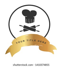 Gold Banner and Chef Hat With Rolling Pin Icon. Vector Illustration for Graphic Design, Outline, Background, Logo, T-shirt and More.