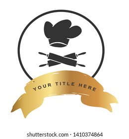 Gold Banner and Chef Hat With Rolling Pin Icon. Vector Illustration for Graphic Design, Outline, Background, Logo, T-shirt and More.