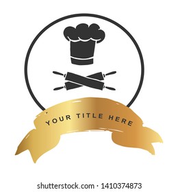 Gold Banner and Chef Hat With Rolling Pin Icon. Vector Illustration for Graphic Design, Outline, Background, Logo, T-shirt and More.