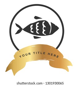 Gold Banner and Fish / Pisces. Vector Illustration for Graphic Design, Outline, Background, Logo, T-shirt and More.