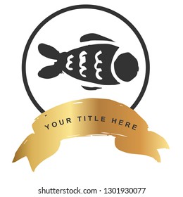 Gold Banner and Fish / Pisces. Vector Illustration for Graphic Design, Outline, Background, Logo, T-shirt and More.