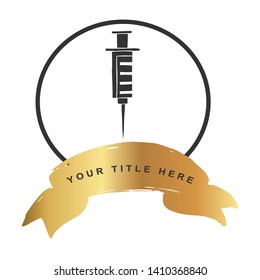 Gold Banner and Medical Injection Icon. Vector Illustration for Graphic Design, Outline, Background, Logo, T-shirt and More.