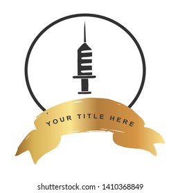 Gold Banner and Medical Injection Icon. Vector Illustration for Graphic Design, Outline, Background, Logo, T-shirt and More.