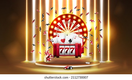 Gold banner with podium with Casino Wheel Fortune, Red slot machine, poker chips and playing cards in gold scene with wall of line vertical white and yellow neon lamps on background.