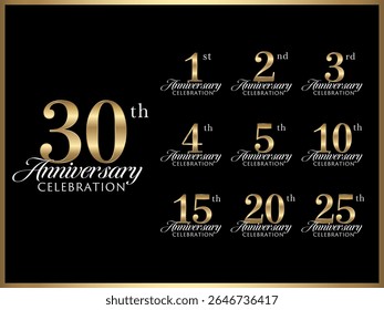 Gold banner set with anniversary numbers and logo design for anniversary celebration
