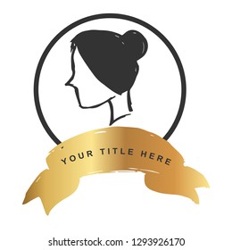 Gold Banner and Woman Female Head. Vector Illustration for Graphic Design, Outline, Background, Logo, T-shirt and More.