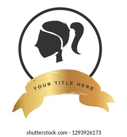 Gold Banner and Woman Female Head. Vector Illustration for Graphic Design, Outline, Background, Logo, T-shirt and More.