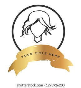 Gold Banner and Woman Female Head. Vector Illustration for Graphic Design, Outline, Background, Logo, T-shirt and More.