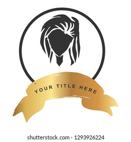 Gold Banner and Woman Female Head. Vector Illustration for Graphic Design, Outline, Background, Logo, T-shirt and More.