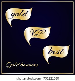 Gold banners with text Gold, VIP, Best Promotional discounts and promotions Template on a dark blue background for advertising Set of 3 banners Vector