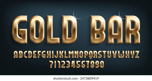 Gold Bar alphabet font. 3d golden letters and numbers. Stock vector typescript for your design.