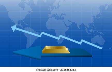 flecha de barra de oro y fondo azul y mapa del mundo