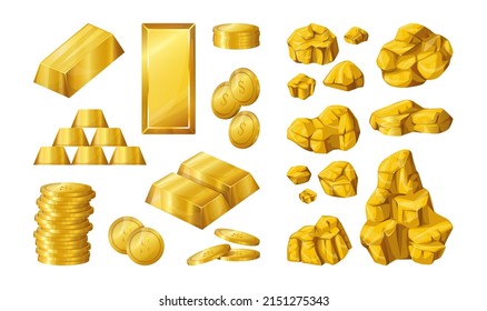 Gold bar. Cartoon golden nugget boulders and coins. Expensive metal forms. Bullion stacks. Precious stones. Geological material. Goldmine ore. Yellow metallic money. Vector prills set