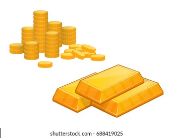 Gold bar and coins. Vector Illustration.