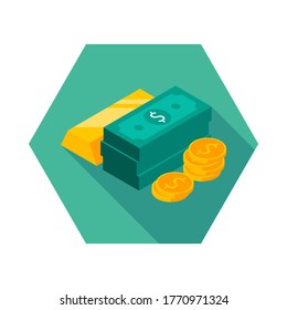 Gold Bar, Dollars and Cois icon vector isometric. Flat style vector illustration.