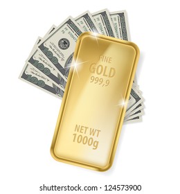 Gold bar and dollars. Illustration on white background for design