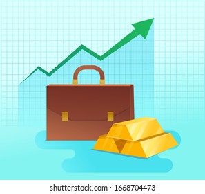 Gold bar with graph and arrow on background