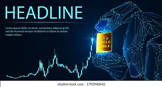 Gold bar in hand. Illustration dark blue background. Business concept, polygonal wireframe closeup vector