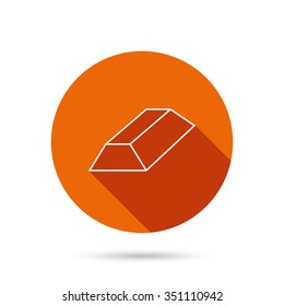 Gold bar icon. Banking treasure sign. Round orange web button with shadow.